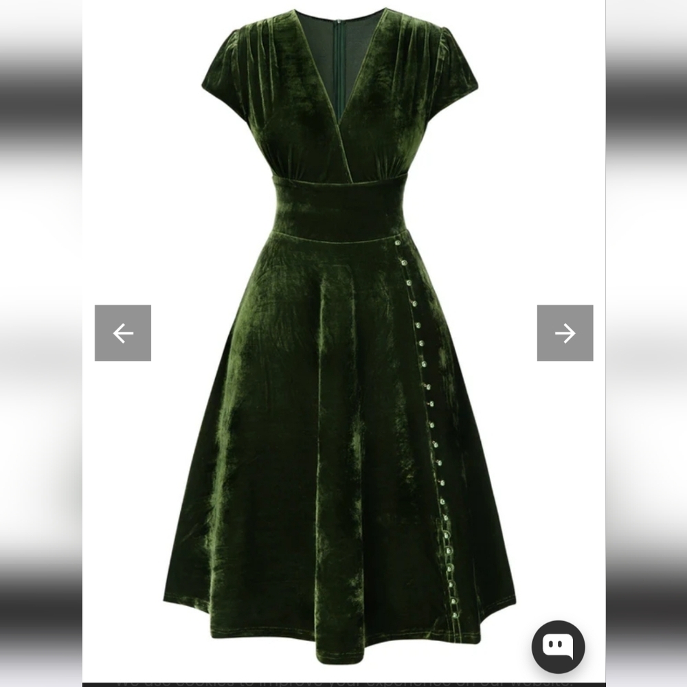 Green V-Neck Pearl Velvet Dress
